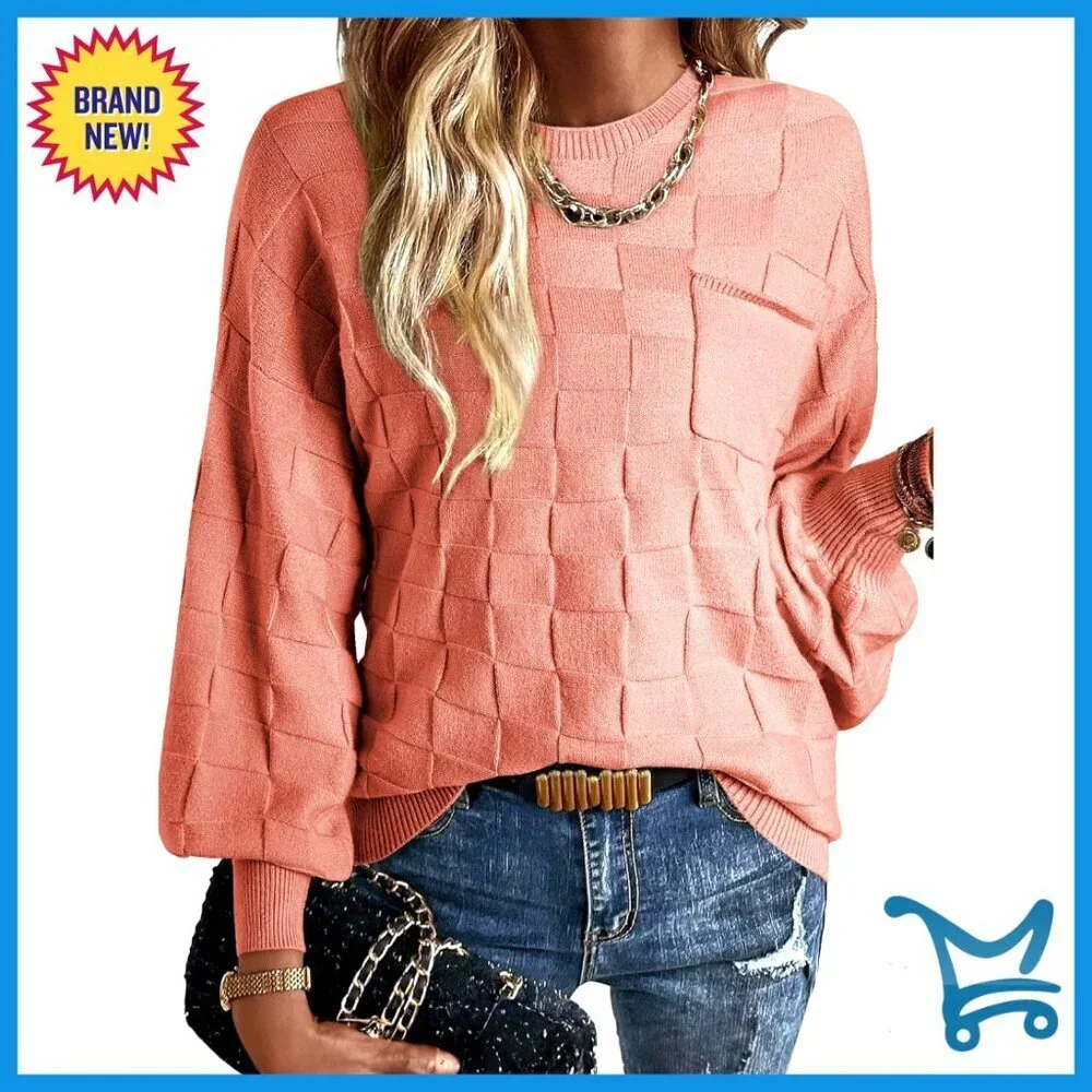 Lightweight Knit Pullover Sweater Batwing Sleeves Patch Pockets Casual Chic